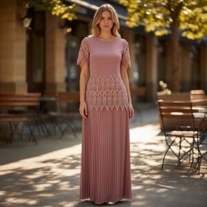 Vintage JONATHAN TAIT Dusty Pink Lace Trim Accordion Pleated Women's Midi Dress